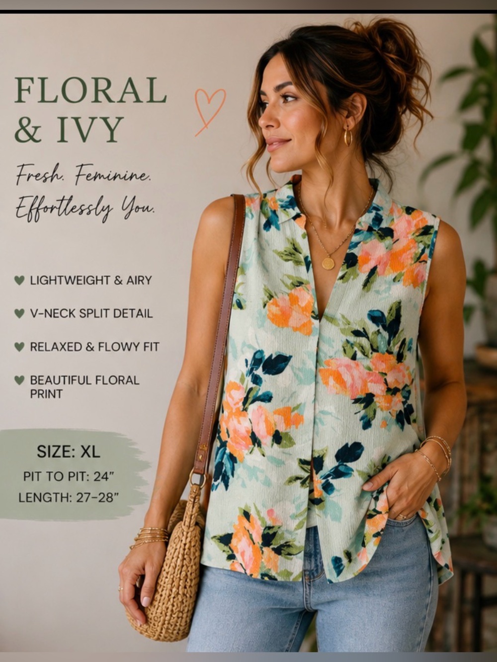 Floral & Ivy XL Mint Floral Sleeveless Blouse Split Neck Textured Tunic Top